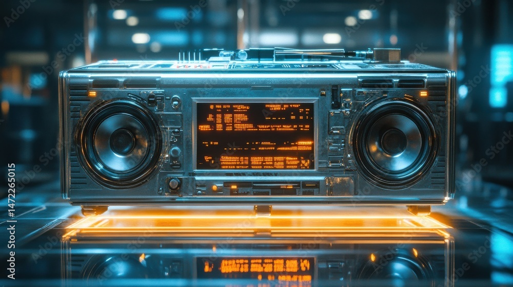 Fototapeta premium A vintage silver boombox with bold geometric patterns, showcased on a glowing glass platform 