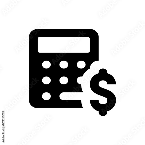 Illustration of a black calculator with round buttons and a white dollar sign overlaying it nicely