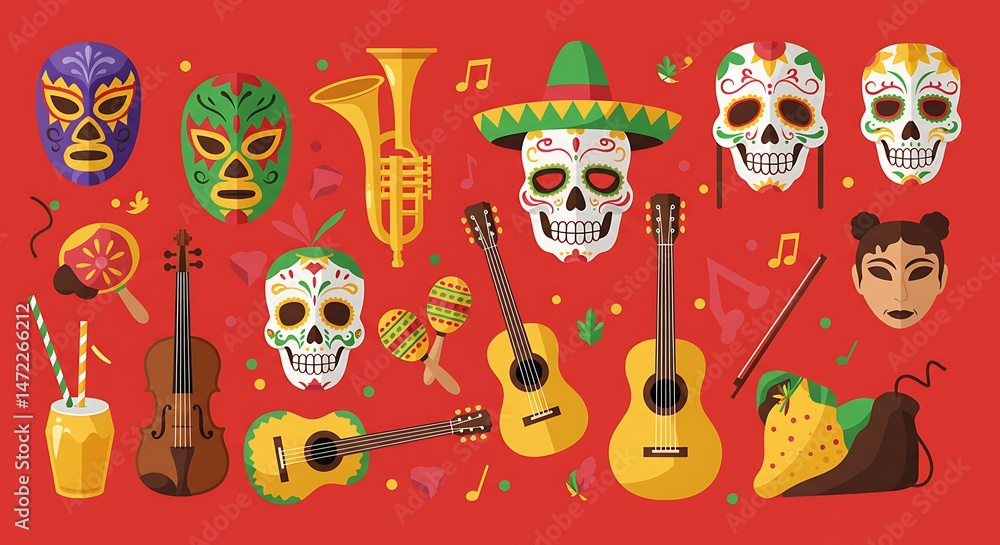 Colorful Mexican Fiesta Illustration with Music and Culture Colorful Mexican Fiesta Illustration with Music and Culture