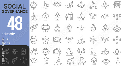 Collection Of Modern Editable Thin Line Style Social Governance Public Administration Icons Set Related Ordering, Consciousness, Regulation, Development Of The Social System And More