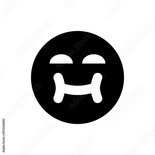 A black circle with a white smiling face with closed eyes and a simple mouth design in the center of it