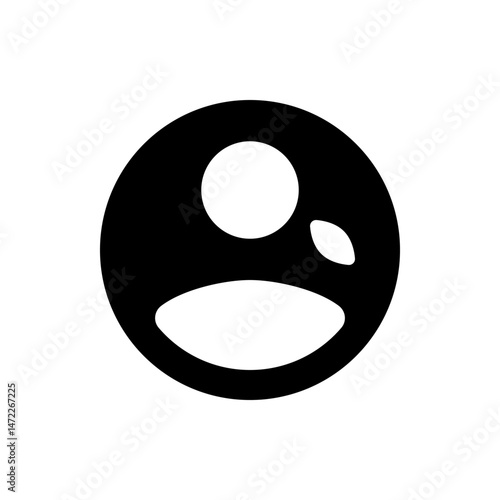 Black circle containing white shapes resembling a face with a round eye and a teardrop shape, simple