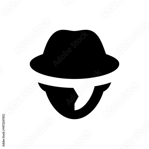 Silhouette of a person wearing a fedora hat with a white band around the hat and partial face view