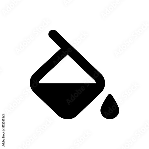 Black and white graphic icon of a paint bucket spilling a drop of liquid on a white background image