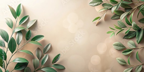 Elegant Green Foliage Arranged on a Soft Beige Background with a Central Space for Text or Design Elements