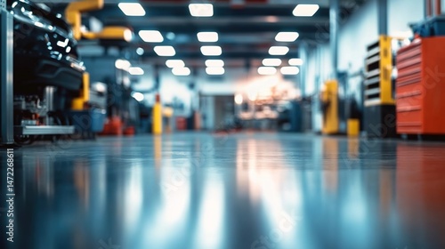 Wallpaper Mural Spacious car repair workshop with shiny floors, tool cabinets, equipment, distant cars, and ceiling lights. Torontodigital.ca