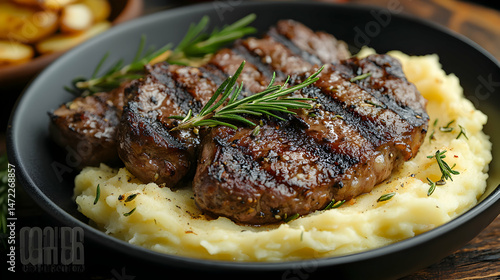 Grilled Beef Steak with Fresh Herbs on Creamy Mashed Potatoes