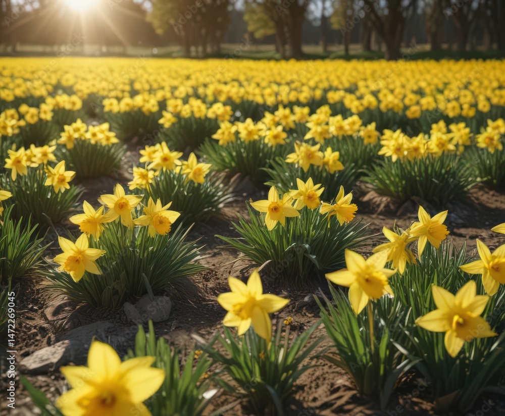 Obraz premium Sunlit daffodil field, vibrant yellow blooms, spring freshness, brightcolors, outdoor