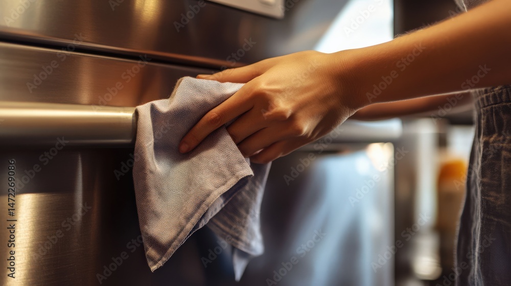 Obraz premium Person cleaning kitchen appliance with cloth in modern home environment