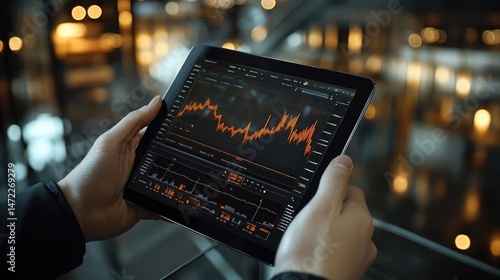 Hands holding a tablet with fluctuating stock market charts on the screen above a modern glass table. Financial forecasting, cutting-edge technology.