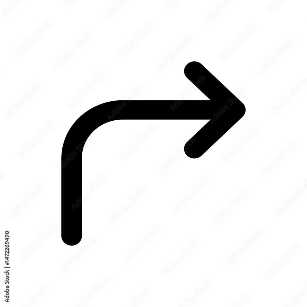 Black arrow icon pointing to the right with a rounded corner indicating a turn or direction change symbol Black arrow icon pointing to the right with a rounded corner indicating a turn or direction change symbol