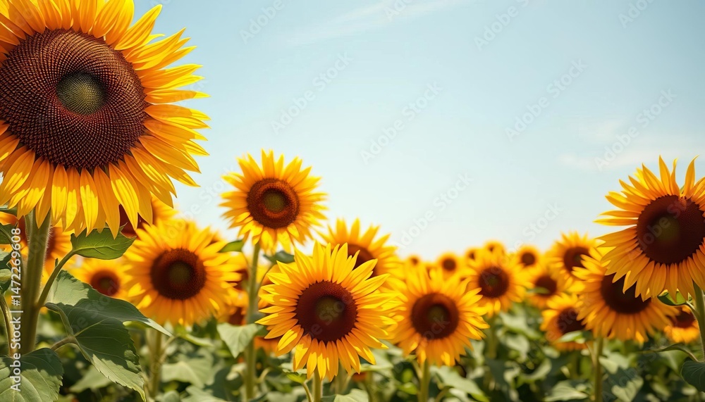 Fototapeta premium Vibrant yellow sunflowers in a field, sunny summer day, copy space, happy, copy space