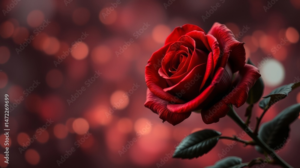 A single, perfectly formed red rose stands out against a softly blurred bokeh background of warm red and brown tones. A single, perfectly formed red rose stands out against a softly blurred bokeh background of warm red and brown tones.