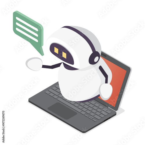 Robot and laptop. Isometric illustration  of chatbot assistant. Online customer support.