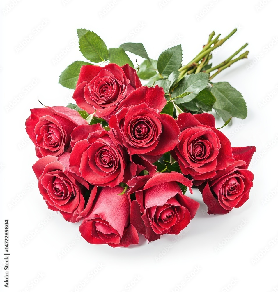 Obraz premium Beautiful Arrangement of Fresh Red Roses with Green Leaves on White Background, Perfect for Special Occasions and Romantic Gifts