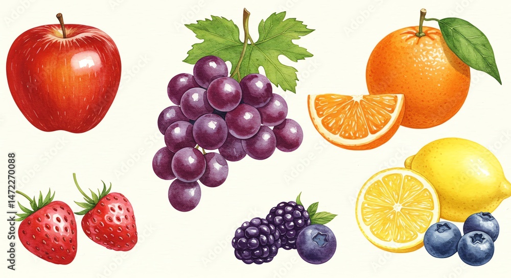 Fresh fruit assortment apple grapes orange lemon Fresh fruit assortment apple grapes orange lemon