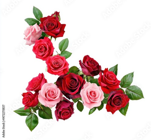 Beautiful arrangement of vibrant red, pink, and white roses with fresh green leaves on a pure white background creating an elegant floral composition