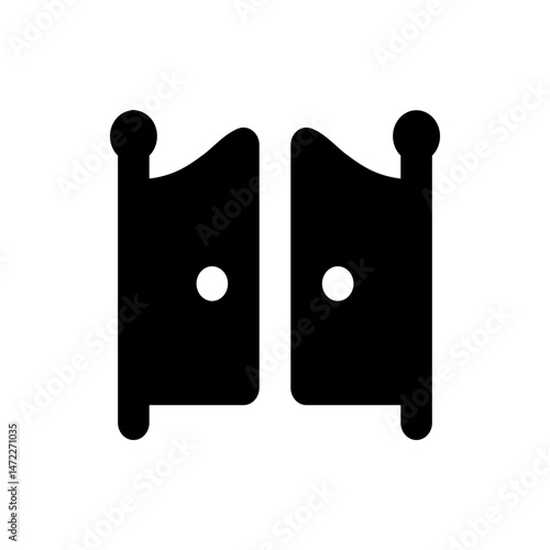 Two saloon doors with round knobs and circular windows in a symmetrical black and white graphic design