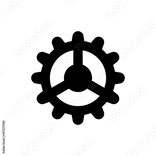 A black gear icon with a circular center and three spokes connecting to a central hub design element