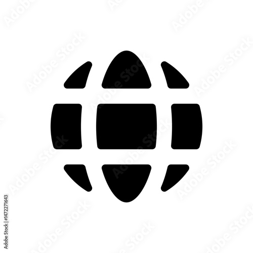 A stylized black globe icon with curved shapes suggesting continents and meridians on a white background