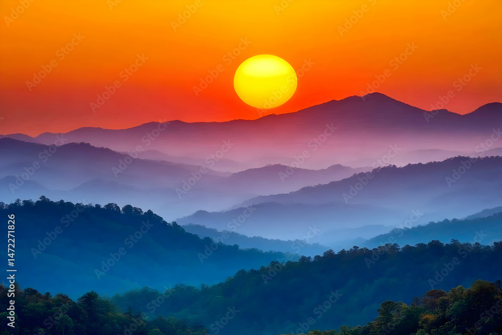 Serene Sunset Over Layered Blue Mountains Serene Sunset Over Layered Blue Mountains