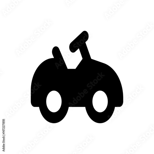 Illustration of a simple black pedal car toy with a steering wheel and round wheels on a white background