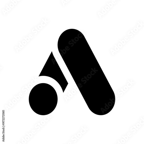 Abstract black shapes forming a stylized letter a with a circle triangle and rounded rectangle shape