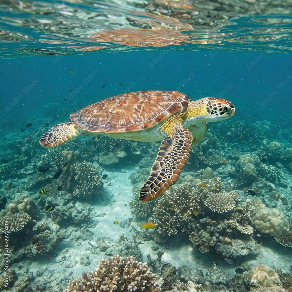 Fototapeta premium Close-Up Green Sea Turtle Swimming in Clear Tropical Waters with Coral Reef – World Turtle Day | World Sea Turtle Day | Sea Turtle | Save Turtle | 4K HD High Quality Turtle Laptop Desktop Wallpaper