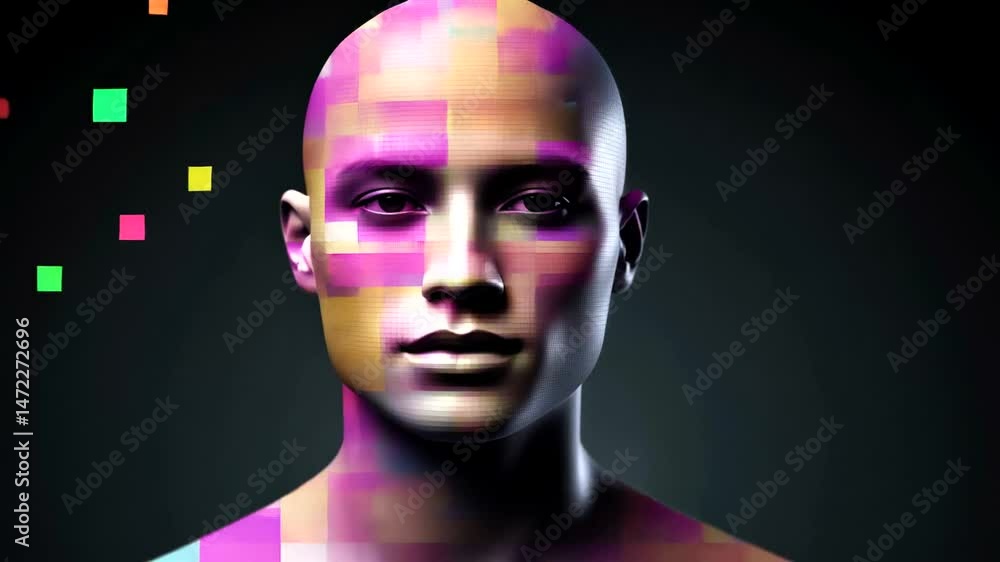 Close-up of a bald, androgynous face with dark eyes, its smooth skin overlaid with a grid of colorful pixel squares Close-up of a bald, androgynous face with dark eyes, its smooth skin overlaid with a grid of colorful pixel squares
