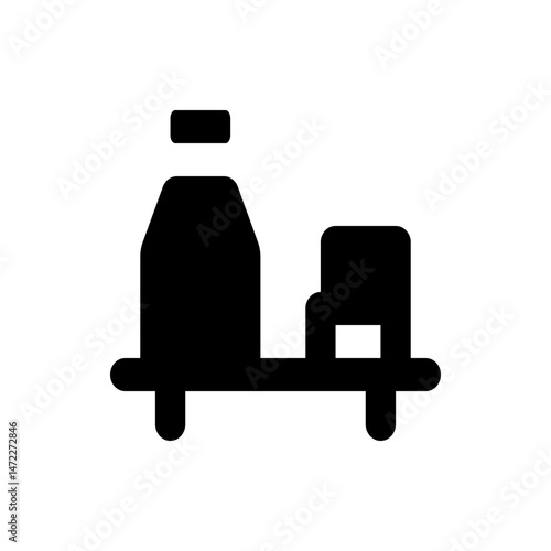 Illustration of a simple black silhouette of a delivery vehicle with a box and bottle on a platform