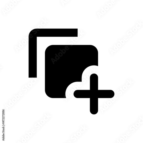 Black and white graphic of two overlapping rounded squares with a plus sign in the lower right corner