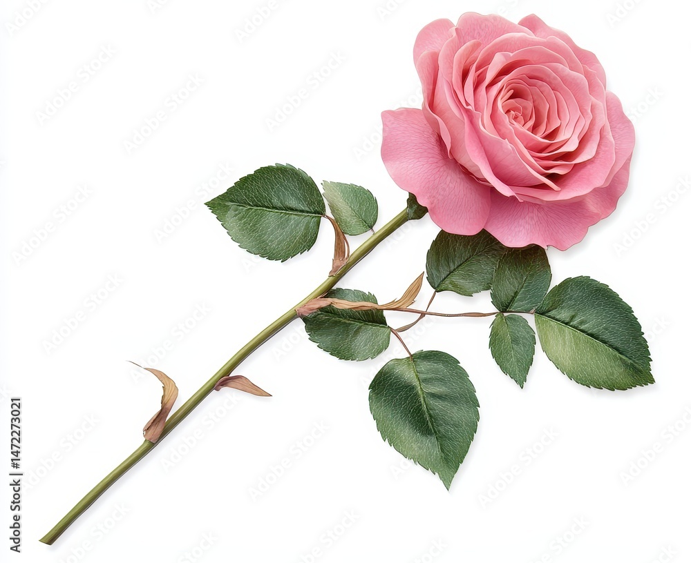 Obraz premium Beautiful Pink Rose Flower with Fresh Green Leaves Isolated on White Background for Floral Design, Valentine, and Gift Decoration Ideas