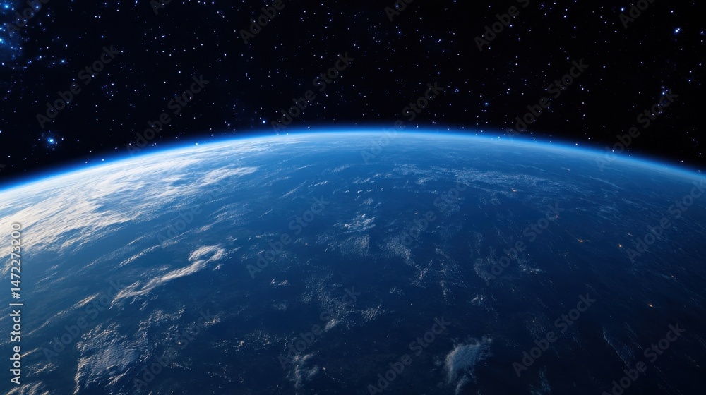 Obraz premium Stunning view of Earth from space, showcasing a vibrant blue planet with swirling clouds and a backdrop of countless stars in the inky blackness of space. : Generative AI