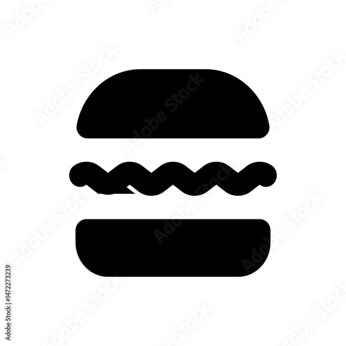 Illustration of a simple black burger with two buns and a wavy patty on a white background design icon