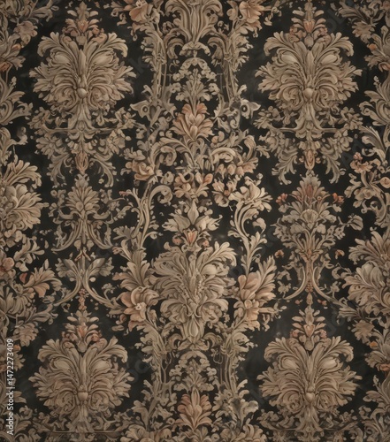 Muted floral damask wallpaper, intricate ornate vintage design, pattern, subtle, damask