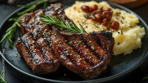 Grilled Steak with Mashed Potatoes and Fresh Herbs on Black Plate
