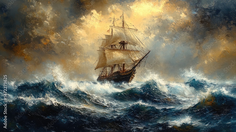 Obraz premium A lone ship battles towering waves under dark, stormy skies. The ocean churns, full of energy and danger. Epic seascape, fierce storm.