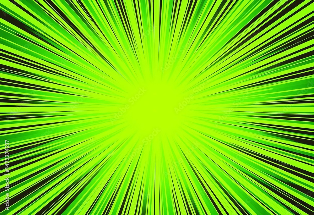 Obraz premium Vibrant green sunburst radiating from center, comic book style halftone texture, pop, design