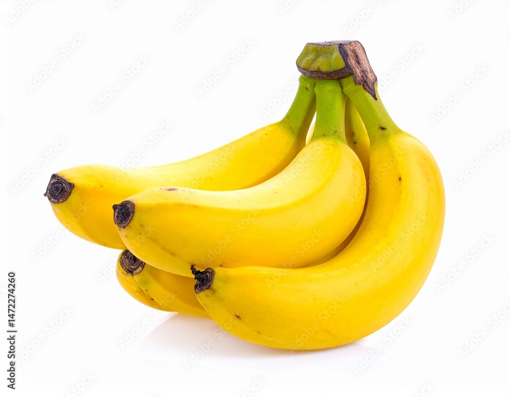 A bunch of ripe yellow bananas isolated on a pure white background. Ideal for food packaging, healthy eating concepts, agricultural products, and advertising design. A bunch of ripe yellow bananas isolated on a pure white background. Ideal for food packaging, healthy eating concepts, agricultural products, and advertising design.