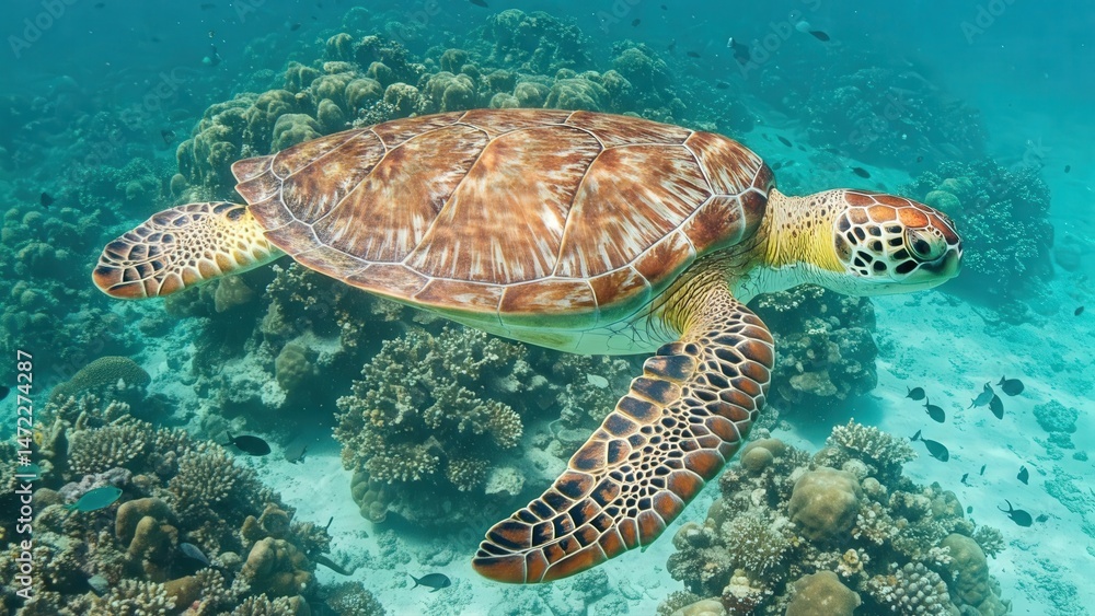 Obraz premium Close-Up Green Sea Turtle Swimming in Clear Tropical Waters with Coral Reef – World Turtle Day | World Sea Turtle Day | Sea Turtle | Save Turtle | 4K HD High Quality Turtle Laptop Desktop Wallpaper