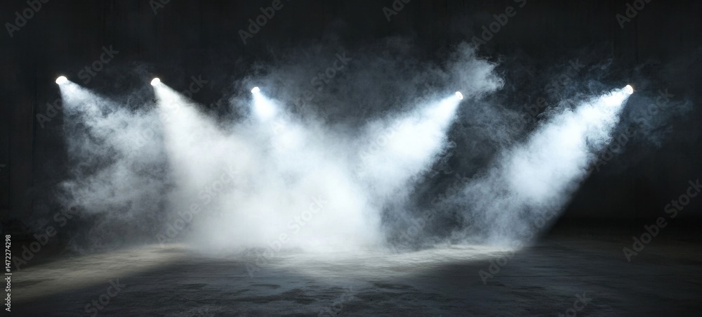 Obraz premium Three spotlights illuminate a smoky, dark room, casting dramatic beams of light across a textured concrete floor, creating a mysterious and atmospheric scene. : Generative AI