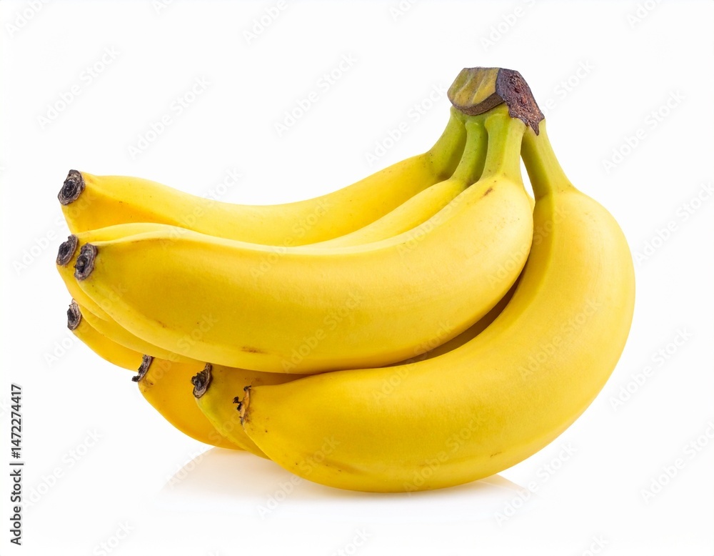 A bunch of ripe yellow bananas isolated on a pure white background. Ideal for food packaging, healthy eating concepts, agricultural products, and advertising design. A bunch of ripe yellow bananas isolated on a pure white background. Ideal for food packaging, healthy eating concepts, agricultural products, and advertising design.