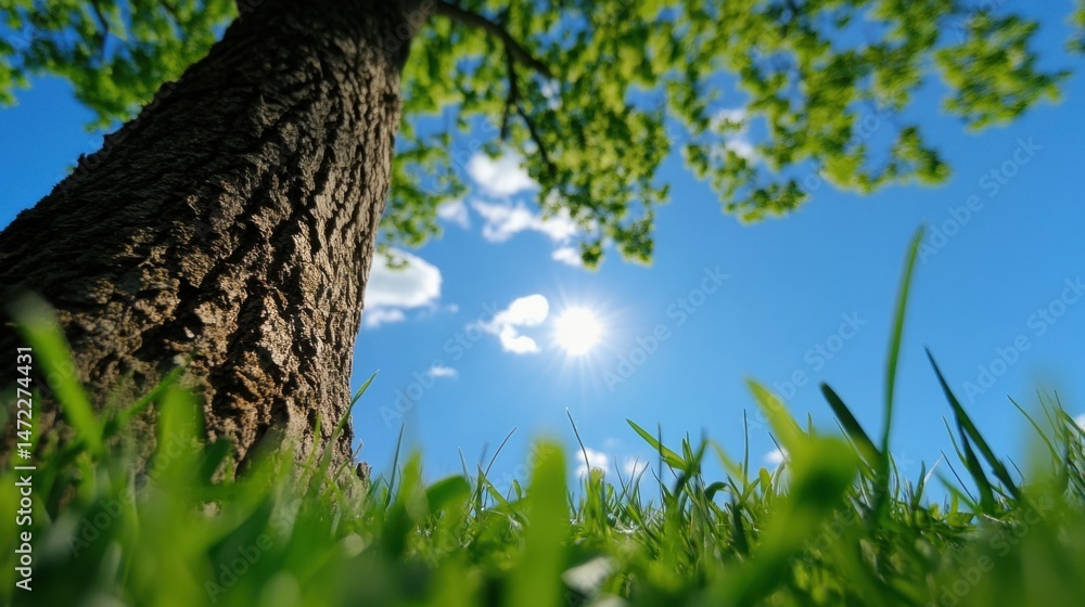 Fototapeta premium A large tree stands tall with vibrant green leaves against a clear blue sky. Sunlight filters through the branches, illuminating the lush grass below, creating a serene atmosphere