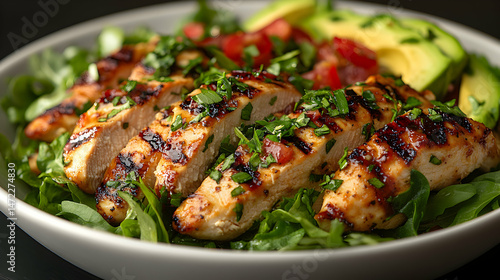 Grilled Chicken Breast Slices Served on Fresh Green Salad