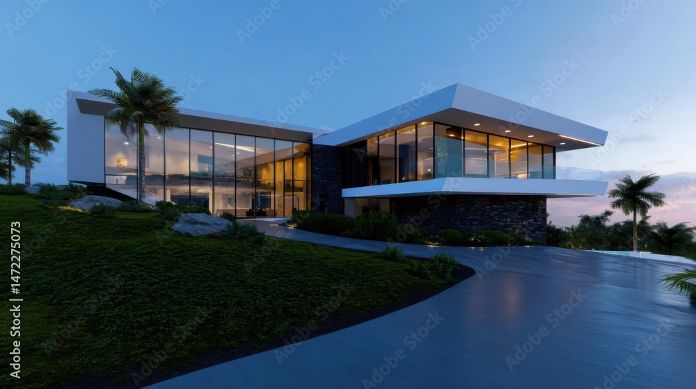 A contemporary house showcases large glass windows and an elegant design atop a gently sloping hill. Soft lighting enhances the exterior at dusk, with lush greenery surrounding the property A contemporary house showcases large glass windows and an elegant design atop a gently sloping hill. Soft lighting enhances the exterior at dusk, with lush greenery surrounding the property