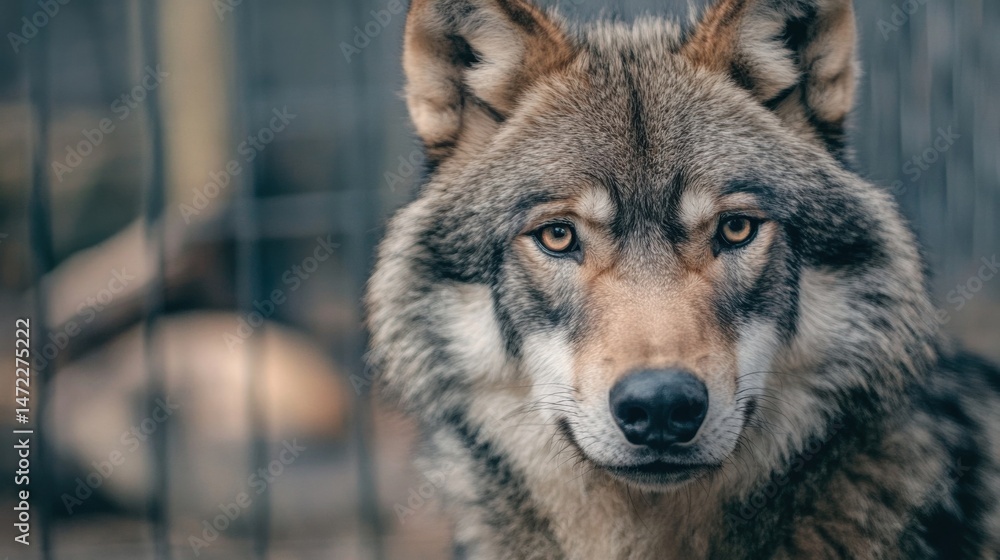 Fototapeta premium A majestic gray wolf stares intently, its amber eyes piercing through the blurred cage bars in the background, a powerful portrait of wildness. : Generative AI