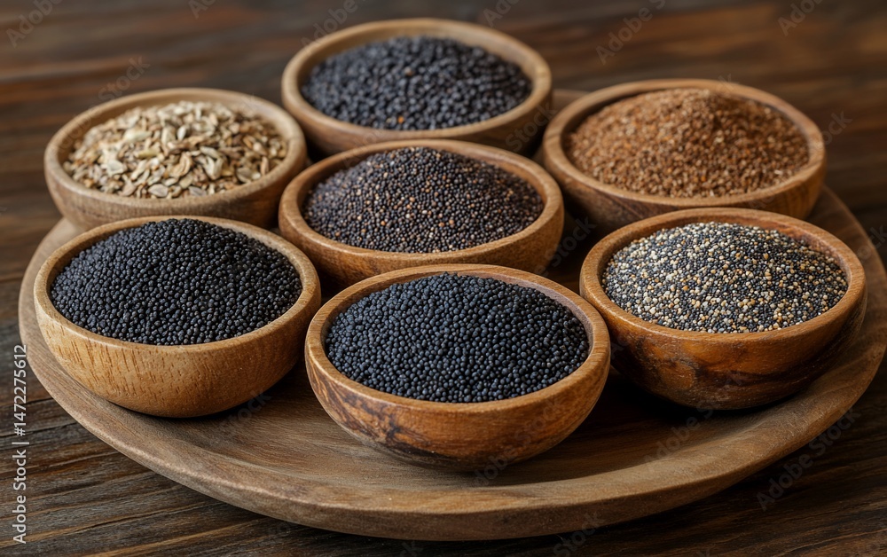 Assorted seeds in wooden bowls on a wooden tray. Assorted seeds in wooden bowls on a wooden tray.
