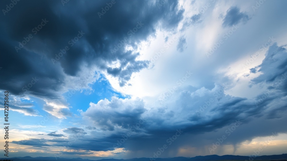 Obraz premium Dramatic storm cloudscape over a distant mountain range, showcasing a breathtaking contrast of dark, brooding clouds and a vibrant blue sky peeking through. : Generative AI