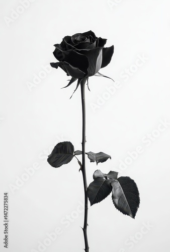 Black Rose with Elegant Bloom and Thorny Stem Isolated on a Light Background, Symbolizing Love, Mystery, and Beauty in Monochrome Aesthetic
