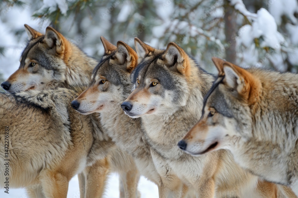 Naklejka premium Photorealistic Close-Up of Grey Wolf Pack in Natural Habitat with Intense Expressions and Sharp Detail